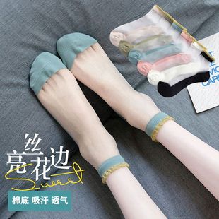 薄款 花边袜子女夏季 ins可爱日系女短袜棉底船袜中筒玻璃水晶丝袜