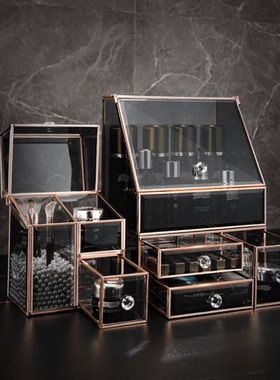 kaman玻璃化妆品收纳盒防尘桌面轻奢化妆箱梳妆台护肤品置物架