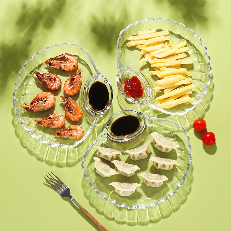 2只装 玻璃饺子盘子带醋碟分格餐盘家用贝壳水饺专用盘创意水果盘