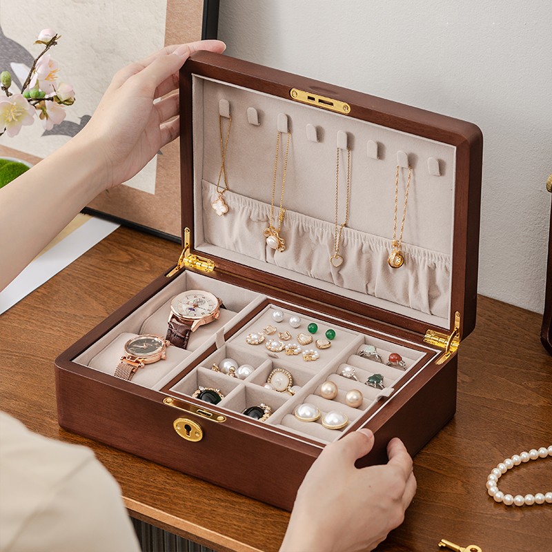 【大号双层卡其色】实木带锁首饰盒手镯手串项链戒指饰品收纳盒