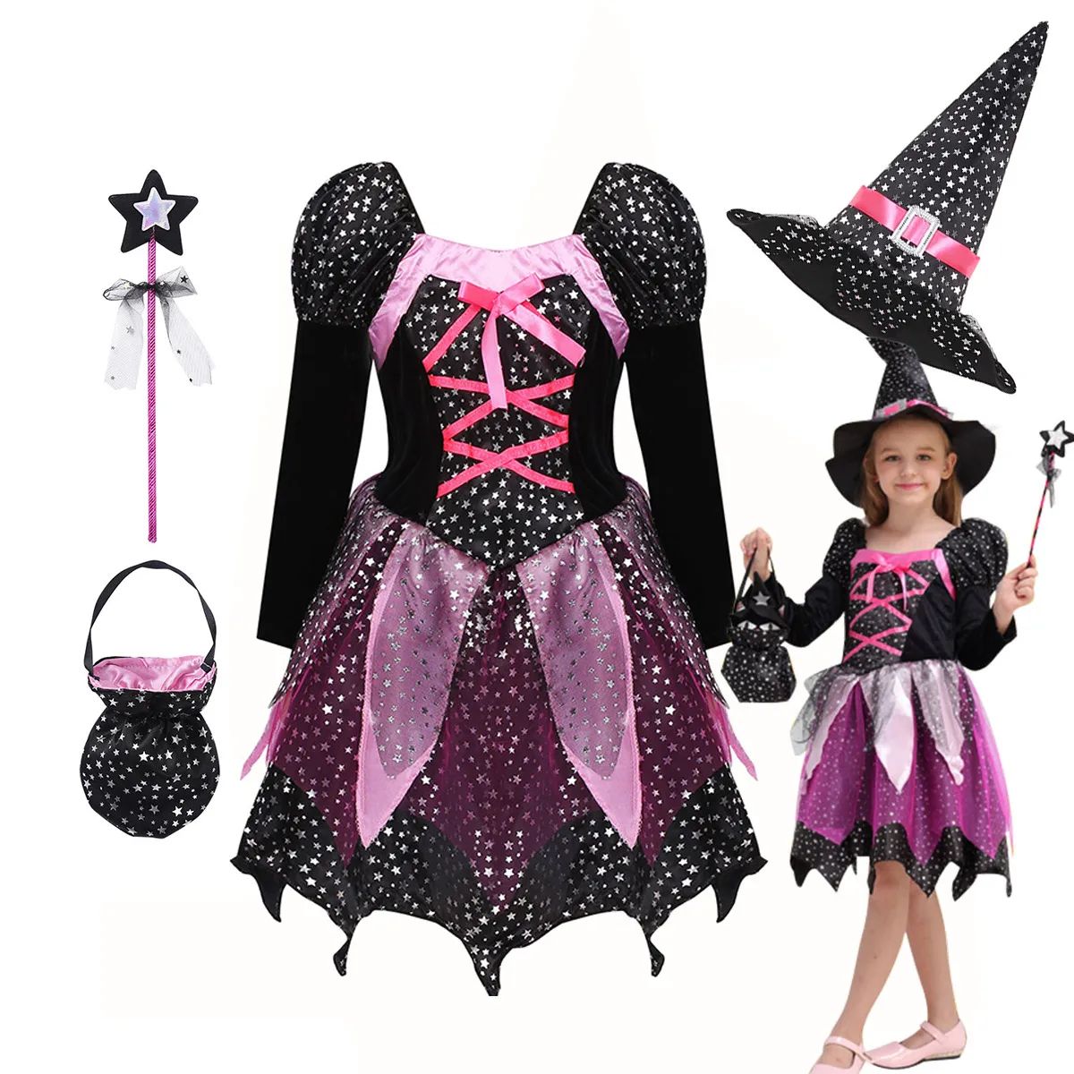 4 Pieces Witch Clothing Set Dress+Hat+Wand+Bag Girls Hallowe
