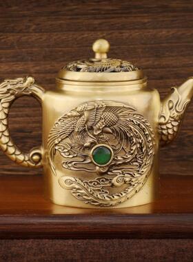 复古龙凤转转宝石茶壶仿古做旧铜器装饰品摆件