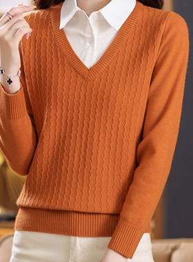 假两件针织上衣春秋时尚洋气打底衫秋装2024年新款女装衬衫领毛衣