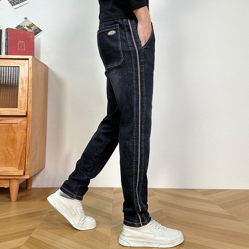 冬季加绒加厚牛仔裤男直筒宽松百搭松紧腰冬天加绒保暖男土牛裤子