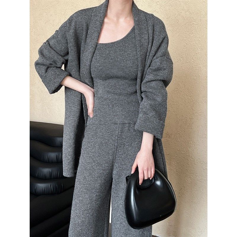 法式简约高级感毛衣套装女2024女秋冬新款开衫+背心+阔腿裤三件套,男装,时尚套装,淘宝优惠券,粉丝福利购,淘宝优惠卷