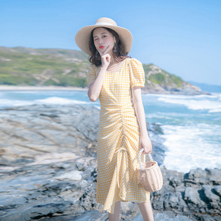 复古格子连衣裙 裙子收腰显瘦气质典雅高冷御姐风法式 2021夏季 新款