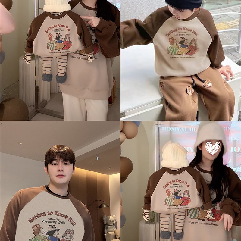 亲子装冬装一家三口四口卡通插肩袖圆领卫衣加绒加厚婴儿连体衣潮