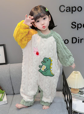 儿童连体睡衣珊瑚绒女宝宝冬季加绒加厚法兰绒爬服卡通婴幼儿睡袋