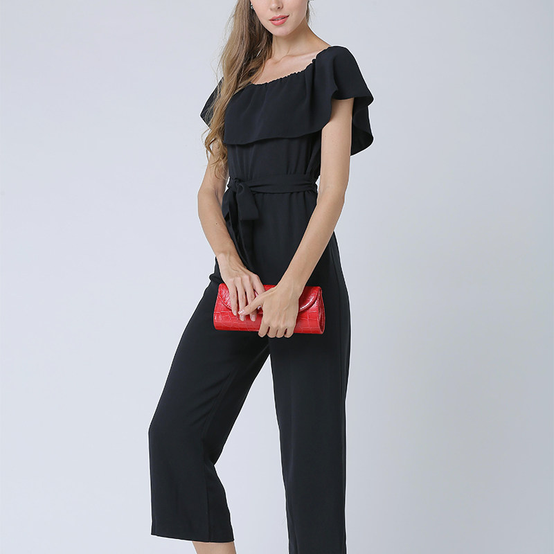 一字肩松紧腰荷叶边领连体裤春夏季连衣裤女高端阔腿裤气质连身裤