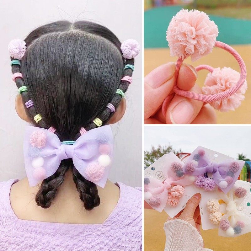 儿童可爱网纱球球蝴蝶结发夹发绳三件套女童发饰套装宝宝气质头饰