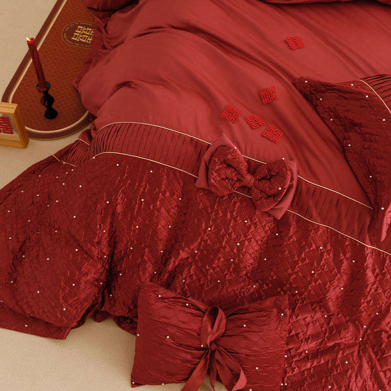 简约婚庆牀组四件套全棉立体蝴蝶结绣花红色结婚被套牀单牀上用品