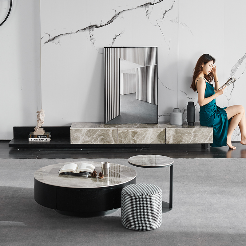 轻奢岩板茶几电视柜组合小户型客厅家用意式极简网红创意圆形茶几