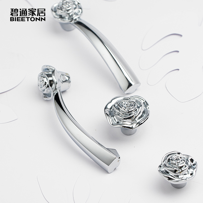 碧通实心黄铜美式银色玫瑰花法式橱柜拉手镀铬亮面轻奢衣柜门把手