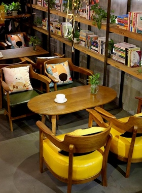 休闲咖啡厅桌椅组合卡座奶茶店甜品店餐饮家俱实木接待洽谈沙发椅