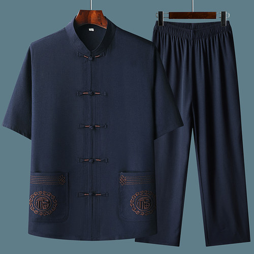 唐装男中老年短袖爸爸夏装中国风套装夏季老人衣服60岁爷爷装古风