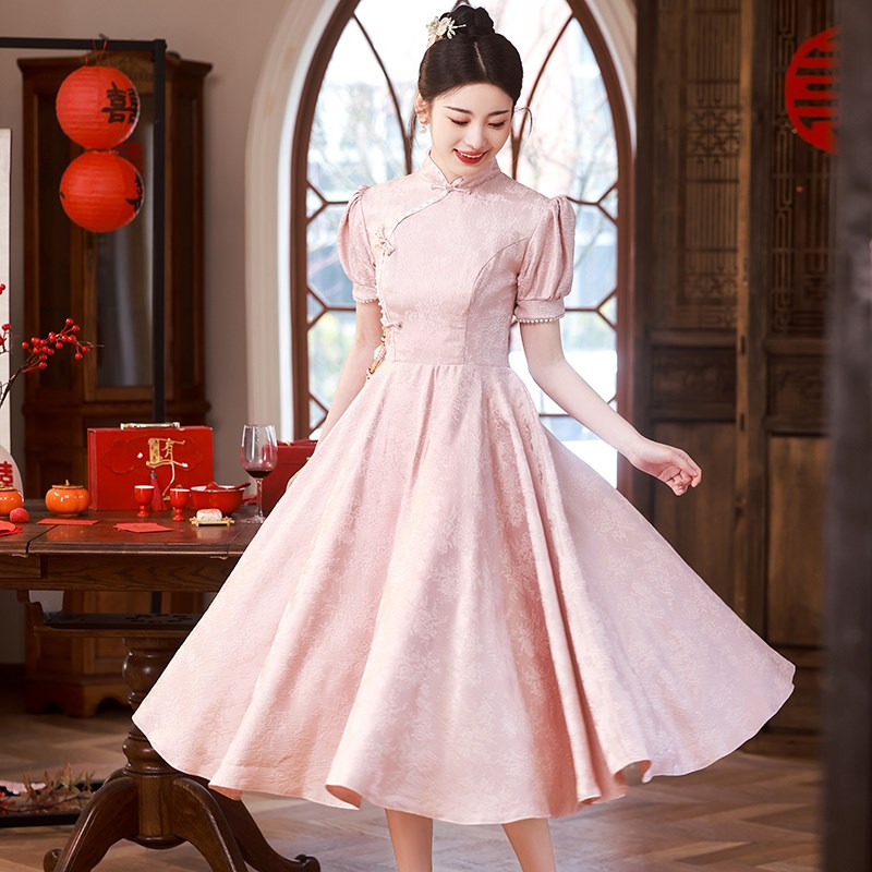 粉色旗袍敬酒服新娘订婚晚礼服裙女D回门连衣裙新中式大码胖mm秋