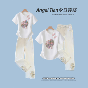 两件套 新款 夏装 搭配g一整套新中式 改良女盘扣中国风T恤白色牛仔裤