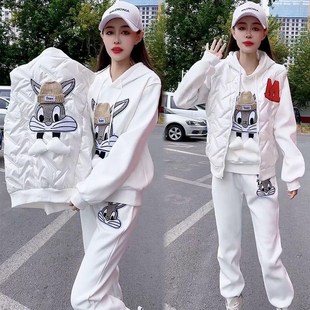 宽松洋气学X生马甲三件 2023秋冬新款 加绒加厚时尚 卫衣套装 女大码