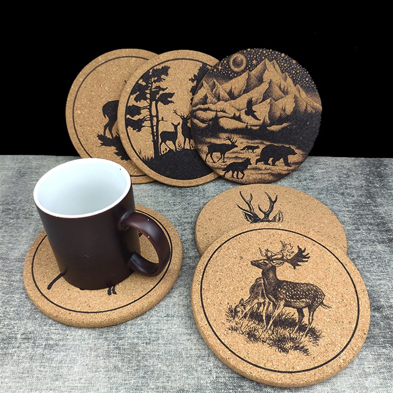 5个装森林鹿多款式圆形软木隔热垫餐垫桌垫菜垫碗垫防烫防滑杯垫