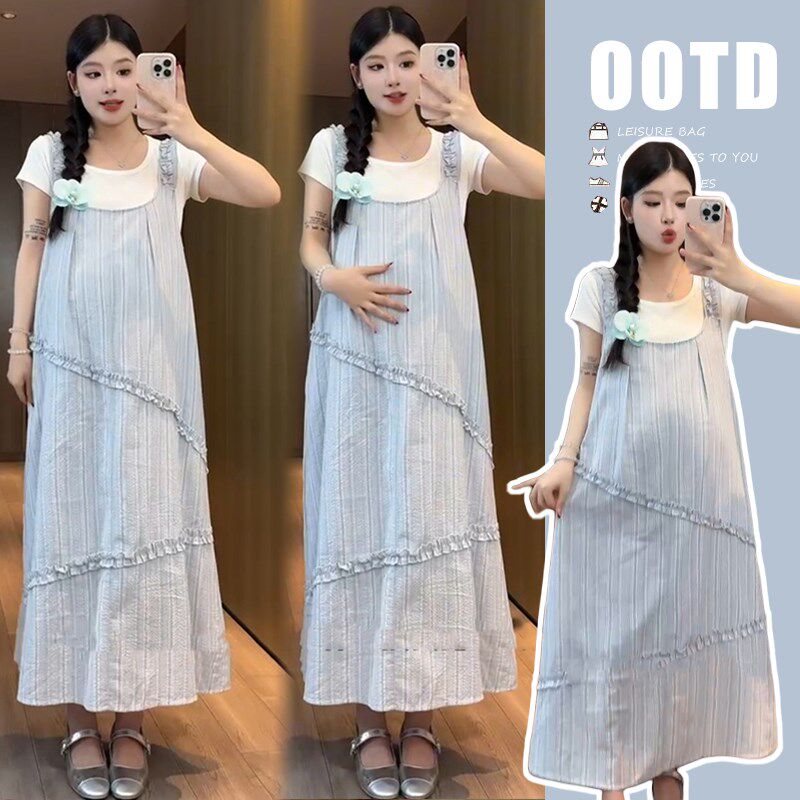 孕妇连衣裙2025新款夏装时尚套装洋气小清新背带裙夏X季薄款两件