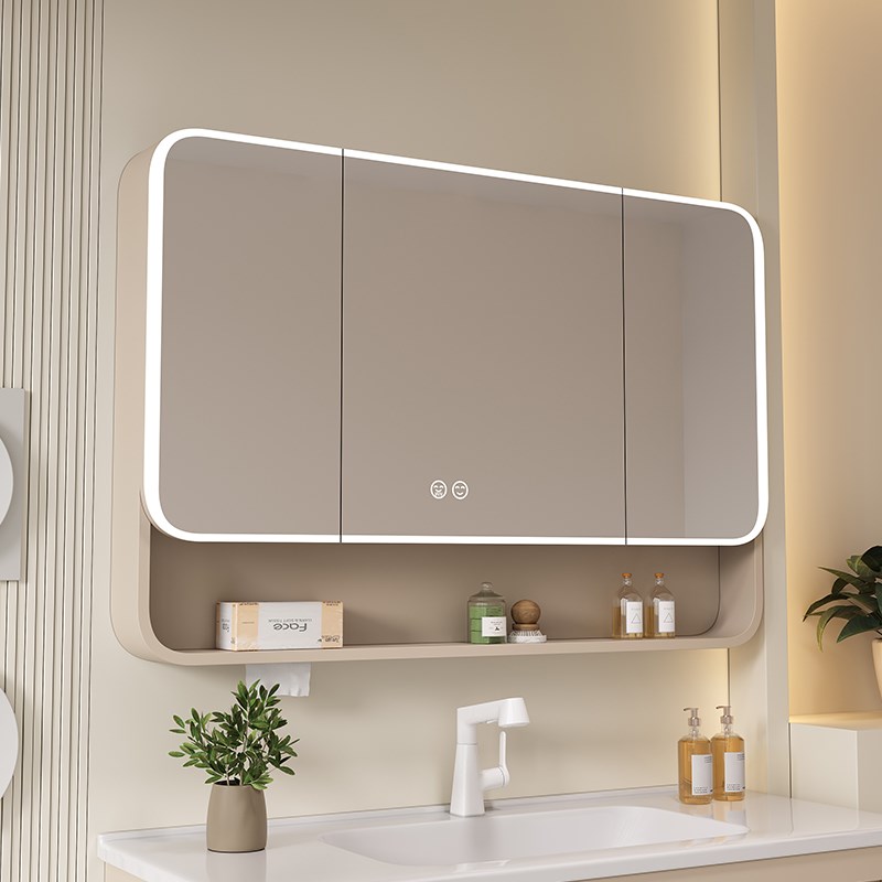 太空铝圆弧形浴室镜柜挂墙式美妆收纳镜带灯智能浴室镜箱置物柜镜