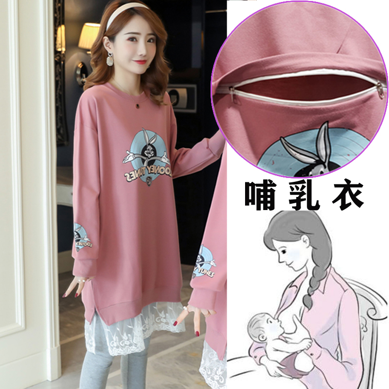 哺乳连衣裙辣妈款中长款喂u奶衣服产后外出加绒卫衣孕妇秋冬装上
