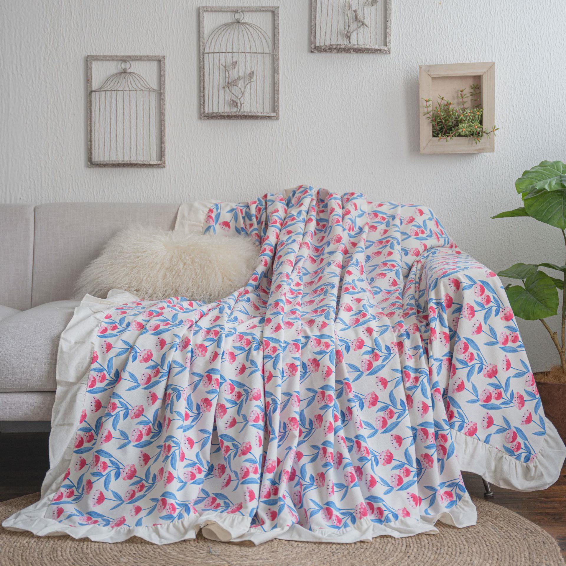 沙发巾缦琪韵伊素色田园荷叶边多功能盖巾复古美式工厂直供