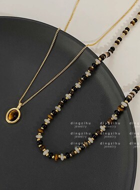 复古天然虎眼石锁骨链女轻奢小众叠戴项链颈链毛衣链2023美拉德