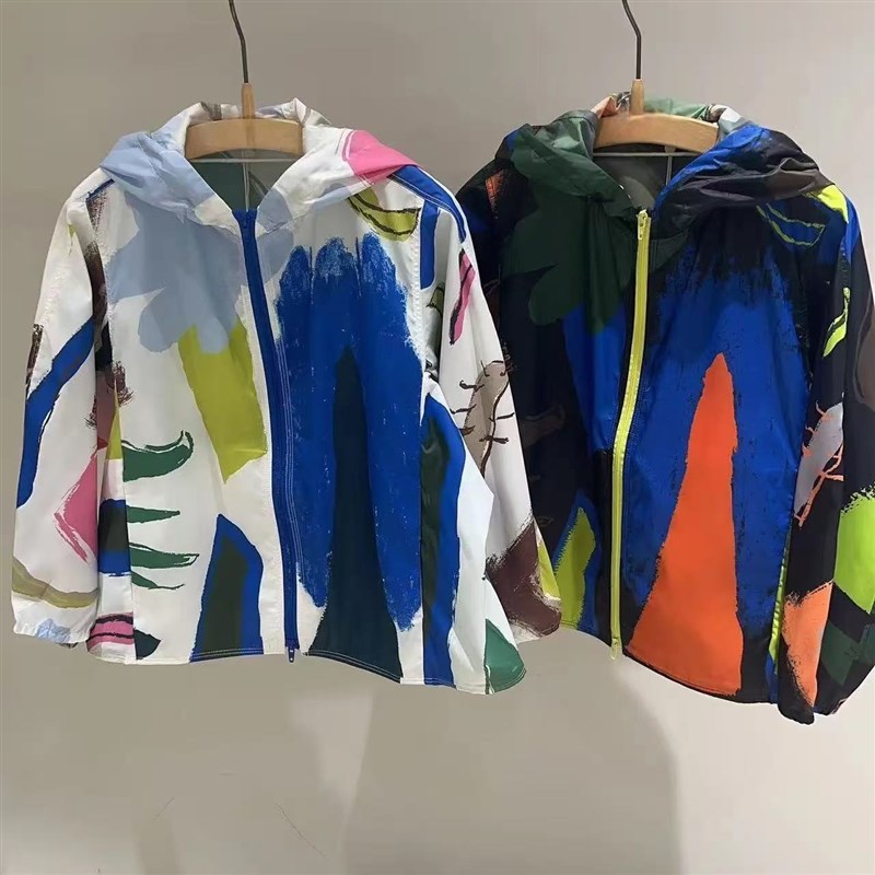 童装定制夏季新款男女童薄款洋气撞色连帽防晒衣时尚宽松外套上衣