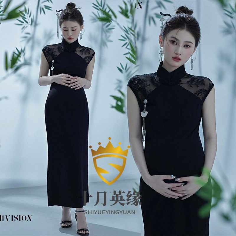 2023孕妇照服装新款影楼中国风C中式复古黑色丝绒旗袍艺术拍照礼
