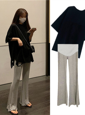 孕妇装夏季2020新款套装韩版破洞中G长款T恤休闲大码潮妈外出上衣