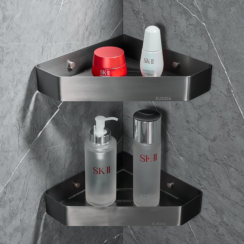 浴室置物架免打孔不锈钢卫生间壁挂三角架枪灰淋浴转角收纳三脚架