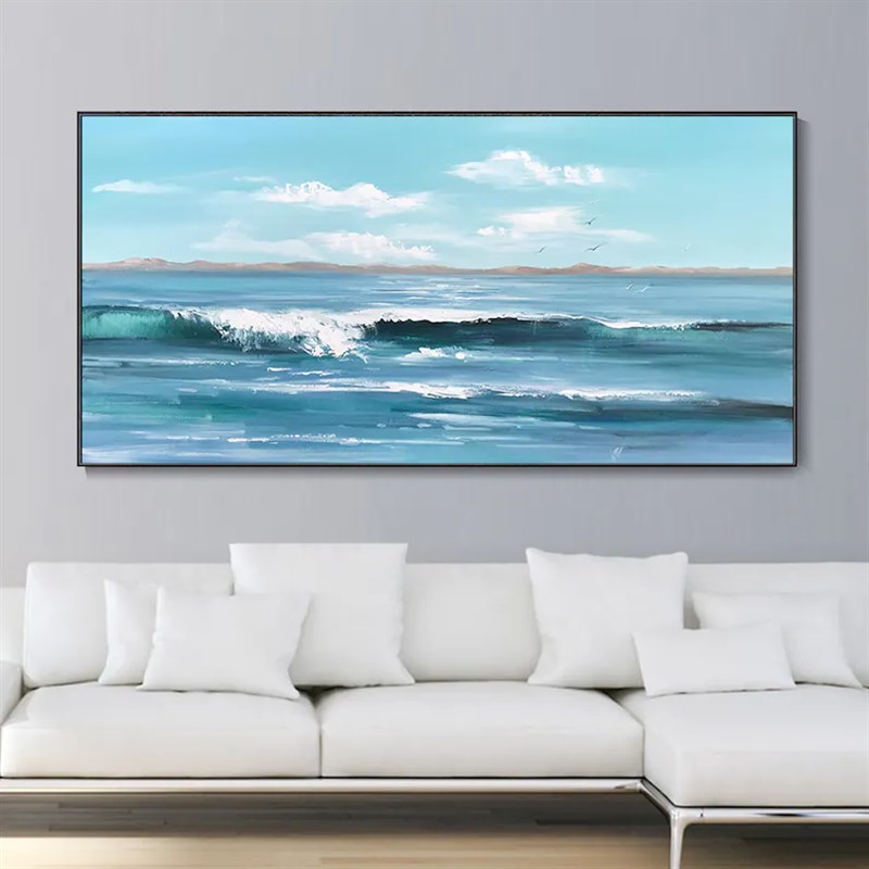 大芬村手绘油画现代简约大海风景客厅H装饰画横版沙发背景别墅挂图片