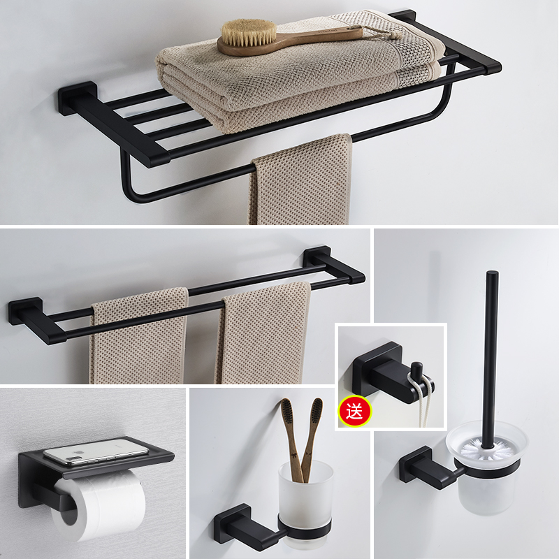 黑色浴室毛巾架全铜毛巾杆单杆卫生间壁挂式J60cm浴巾架置物架套