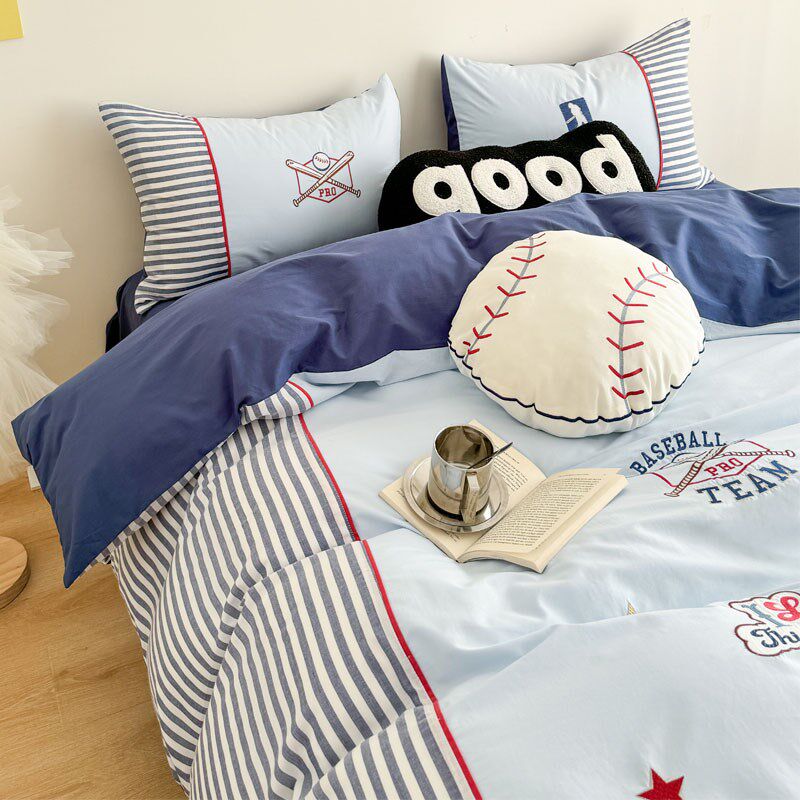 可爱卡通纯棉水洗棉柔软四件套男孩房间棒球被套全棉床单床上用品