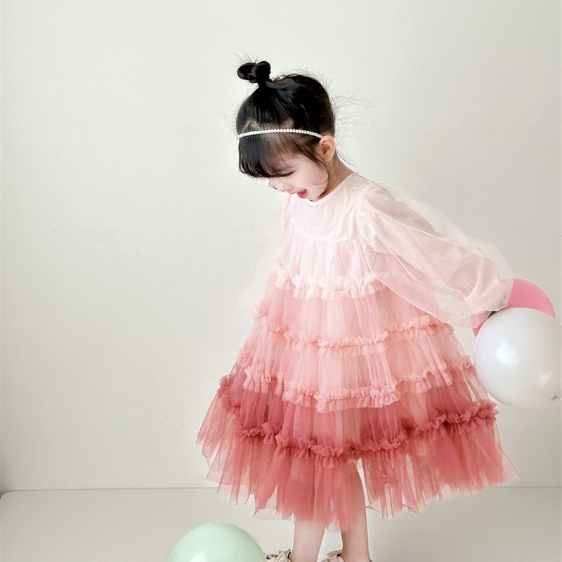 丫丫树2024新款童装春3-8岁女童渐变色连衣裙纱裙女宝宝洋气时髦