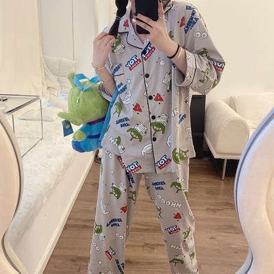 韩国卡通三眼仔纯棉睡衣男女初秋C新品开衫长袖长裤家居服情侣套