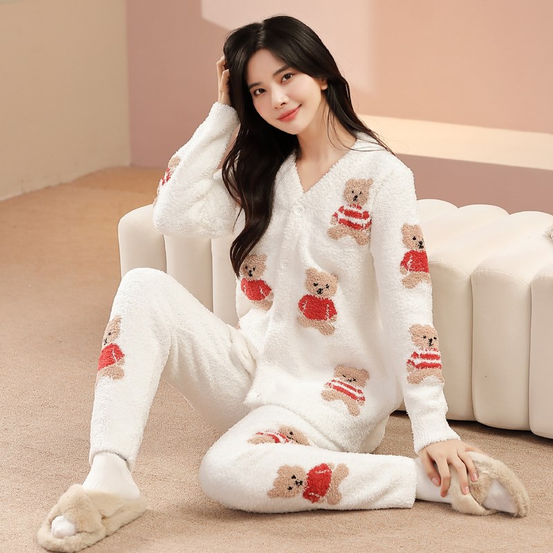 软绵绵半边绒秋冬季保暖加厚加绒孕妇睡衣月子服喂U奶套装冬天舒