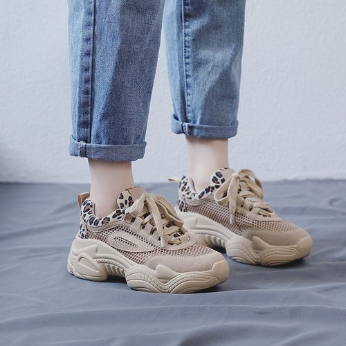 2022夏新款豹纹老爹嚡女网面透气休闲厚底运动嚡小码32-34