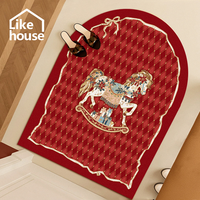 法式复古塞拉斯蒂娅耶诞新年木马皮革地垫L可擦免洗脚垫入户进门