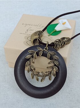 覆古桃木长版毛衣炼 炼 橄榄叶吊坠项炼秋冬男女百搭民族风配