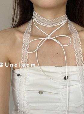 白色蕾丝飘带叠戴设计感项链女纯欲温柔百搭细窄长条丝巾锁骨颈带