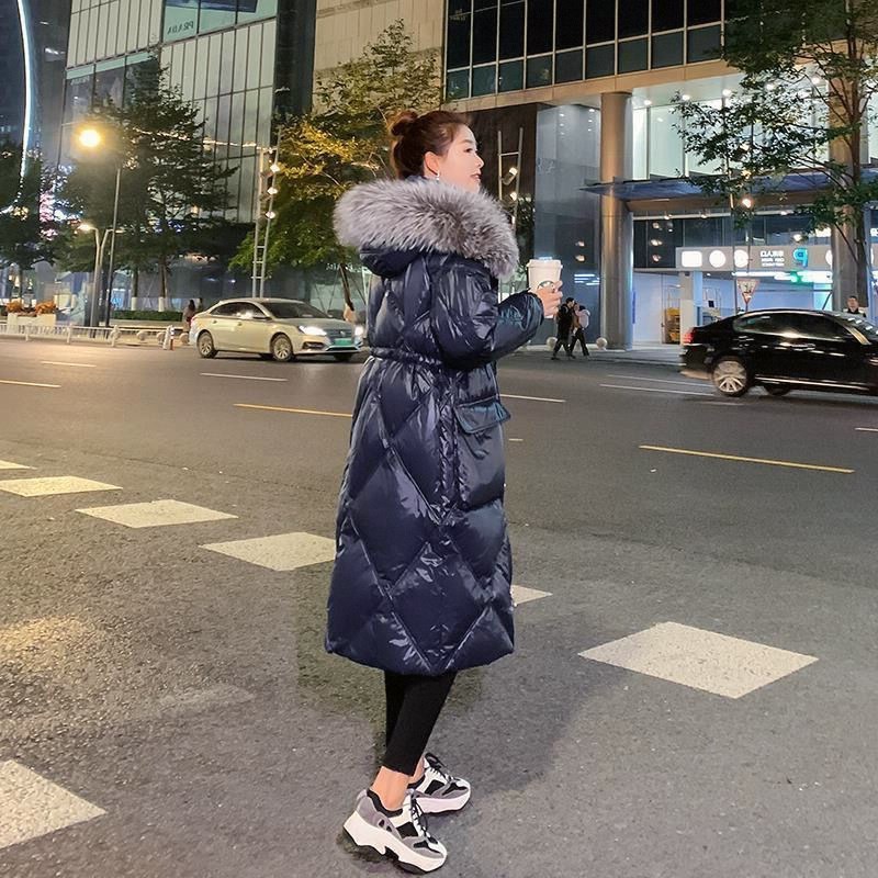 2024年新款冬季时尚大毛领亮面棉服女中长款过膝加厚保暖外套潮流