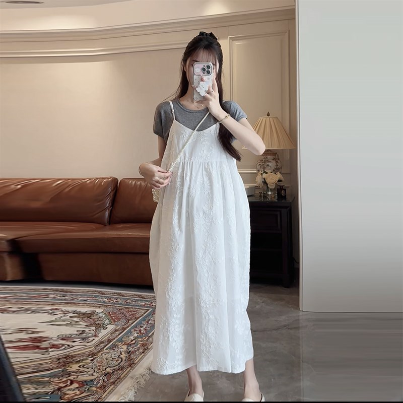 刺绣仙女裙~孕妇连衣裙夏季法式宽松纯棉大摆裙白V色吊带裙长裙子