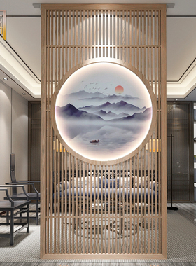 进门新中式实木隔断日系屏风遮挡客厅玄J关入户现代简约布艺背景