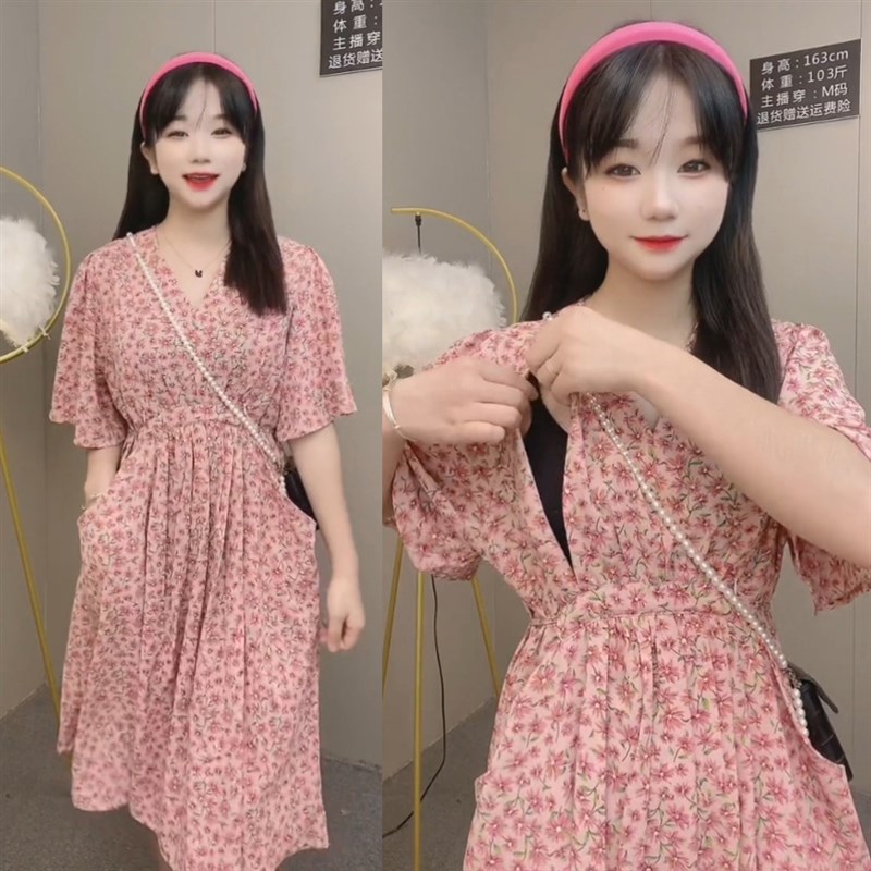 孕妇装哺b乳衣夏季款外出宽松莫奈花园粉色碎花辣妈产后喂奶连衣