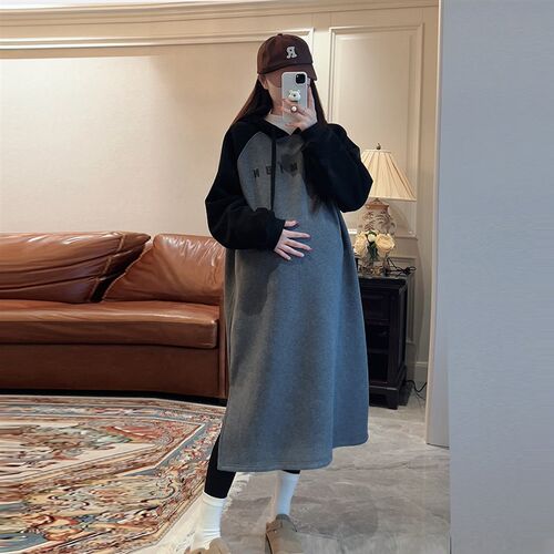 孕妇装秋冬款2024新款加绒卫衣裙子纯棉大码孕妈妈秋季穿搭连衣裙