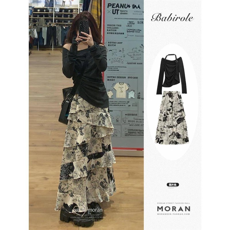 2024夏季新款荷叶n边碎花蛋糕裙复古高腰显瘦a字小个子长裙两件套