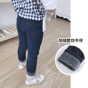 男女童加绒加厚打底裤秋冬装宝宝幼儿童保暖薄绒仿牛仔裤外穿洋气