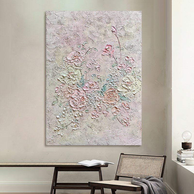 法式奶油风花卉纯手绘油画抽象现代儿童房装饰画S卧室丙烯肌理挂图片